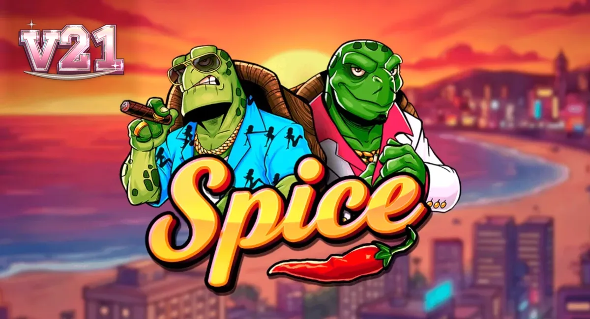 Tampilan visual slot Spice dengan tema kura-kura dan estetika neon